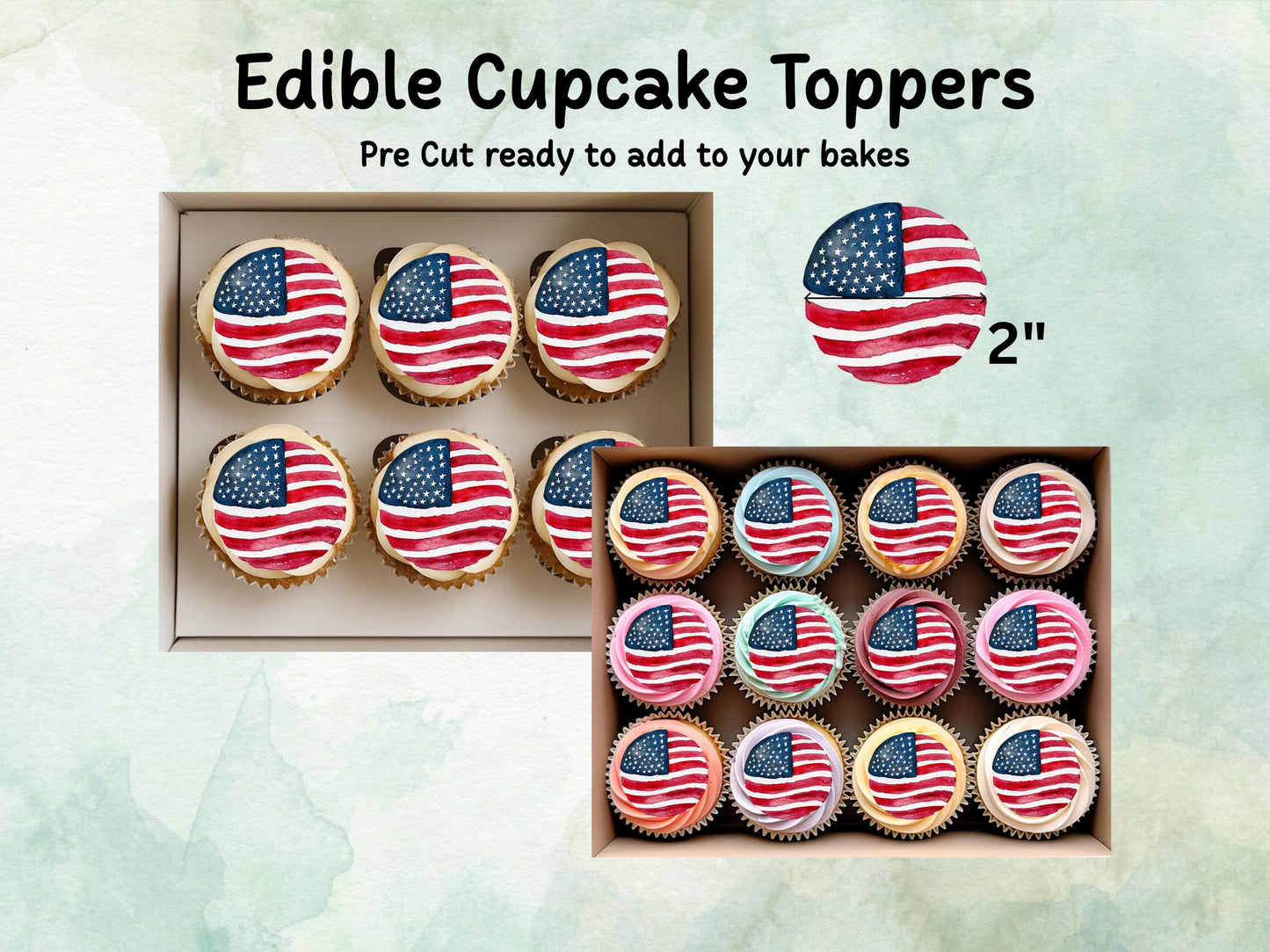 American Flag Style Edible Cupcake Toppers 12 x 2" – Pre cut Wafer Paper, Card or Icing Sheet, USA Cake Topper, 4th of July