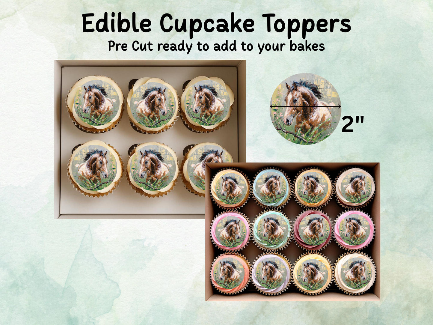 Horse Edible Cupcake Toppers 12 x 2"– Pre cut Wafer Paper, Card or Icing Sheet, Pony Birthday, Cupcakes, Cookies, Cake, Horse Decoration