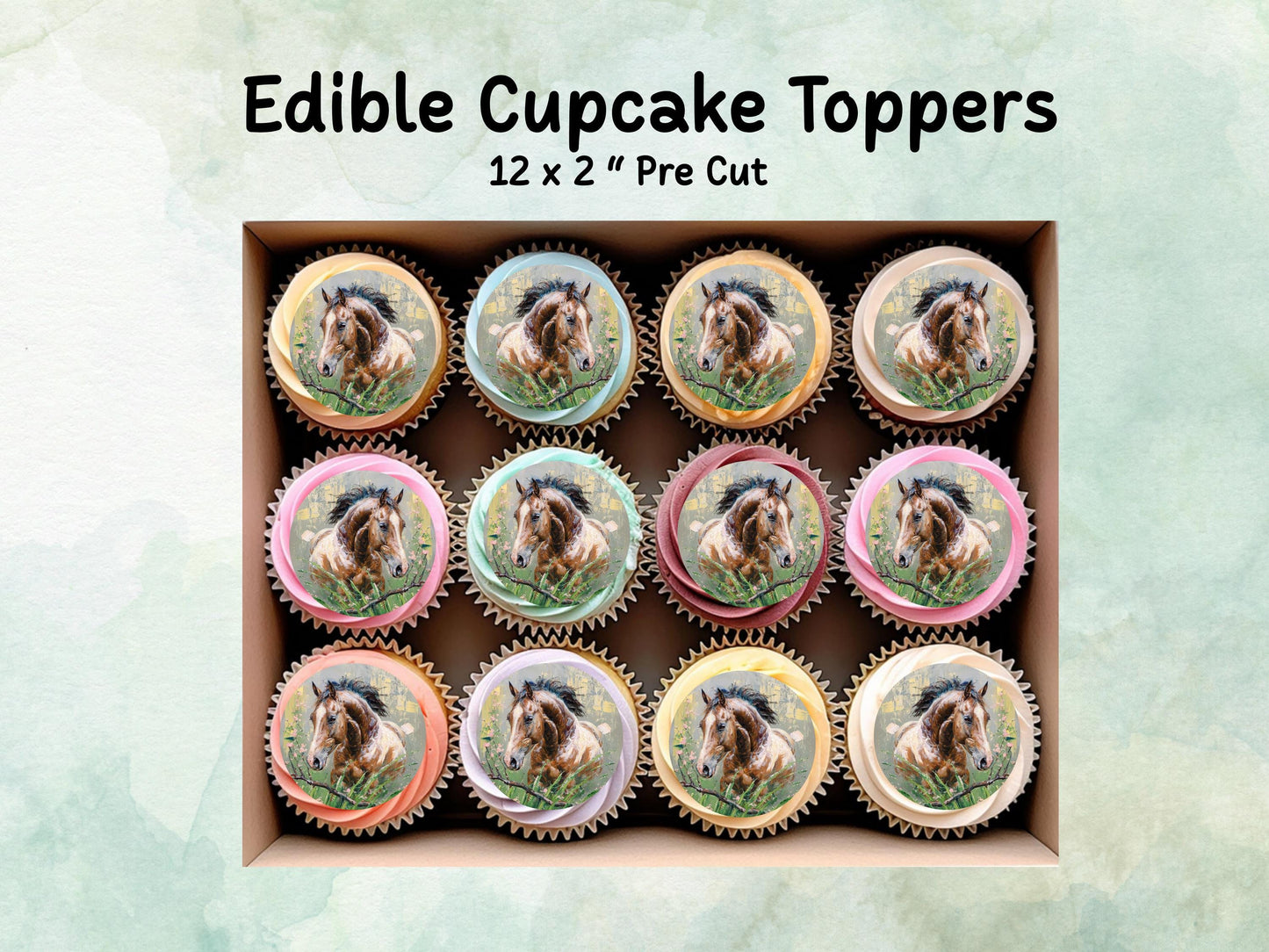 Horse Edible Cupcake Toppers 12 x 2"– Pre cut Wafer Paper, Card or Icing Sheet, Pony Birthday, Cupcakes, Cookies, Cake, Horse Decoration