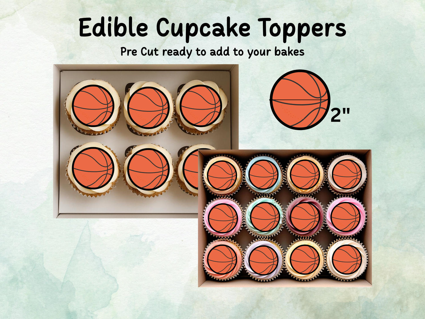 Basketball Edible Cupcake Toppers 12 x 2" – Pre cut Wafer Paper, Card or Icing Sheet, Sports Party Decoration, Cake images