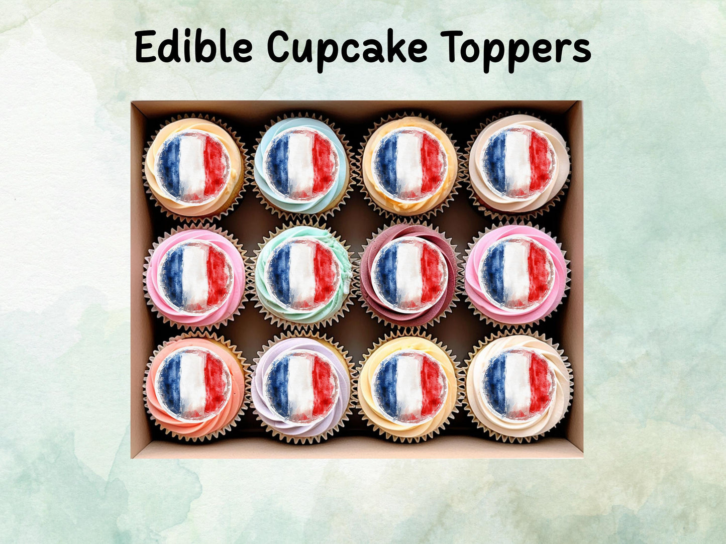 French Flag Edible Cupcake Toppers 12 x 2" – Pre cut Wafer Paper, Card or Icing Sheet, France Cake Decorations