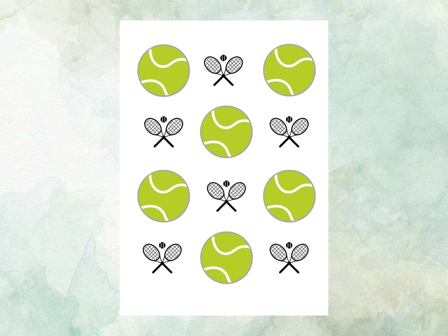 Tennis Edible Cupcake Toppers 12 x 2" – Pre cut Wafer Paper, Card or Icing Sheet, Sports Party Decoration, Cake images