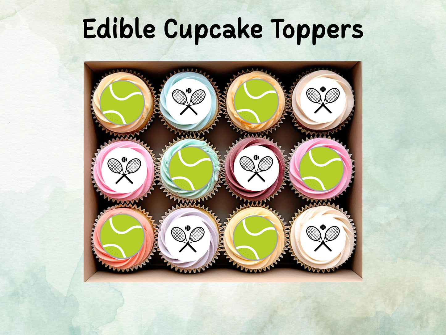 Tennis Edible Cupcake Toppers 12 x 2" – Pre cut Wafer Paper, Card or Icing Sheet, Sports Party Decoration, Cake images