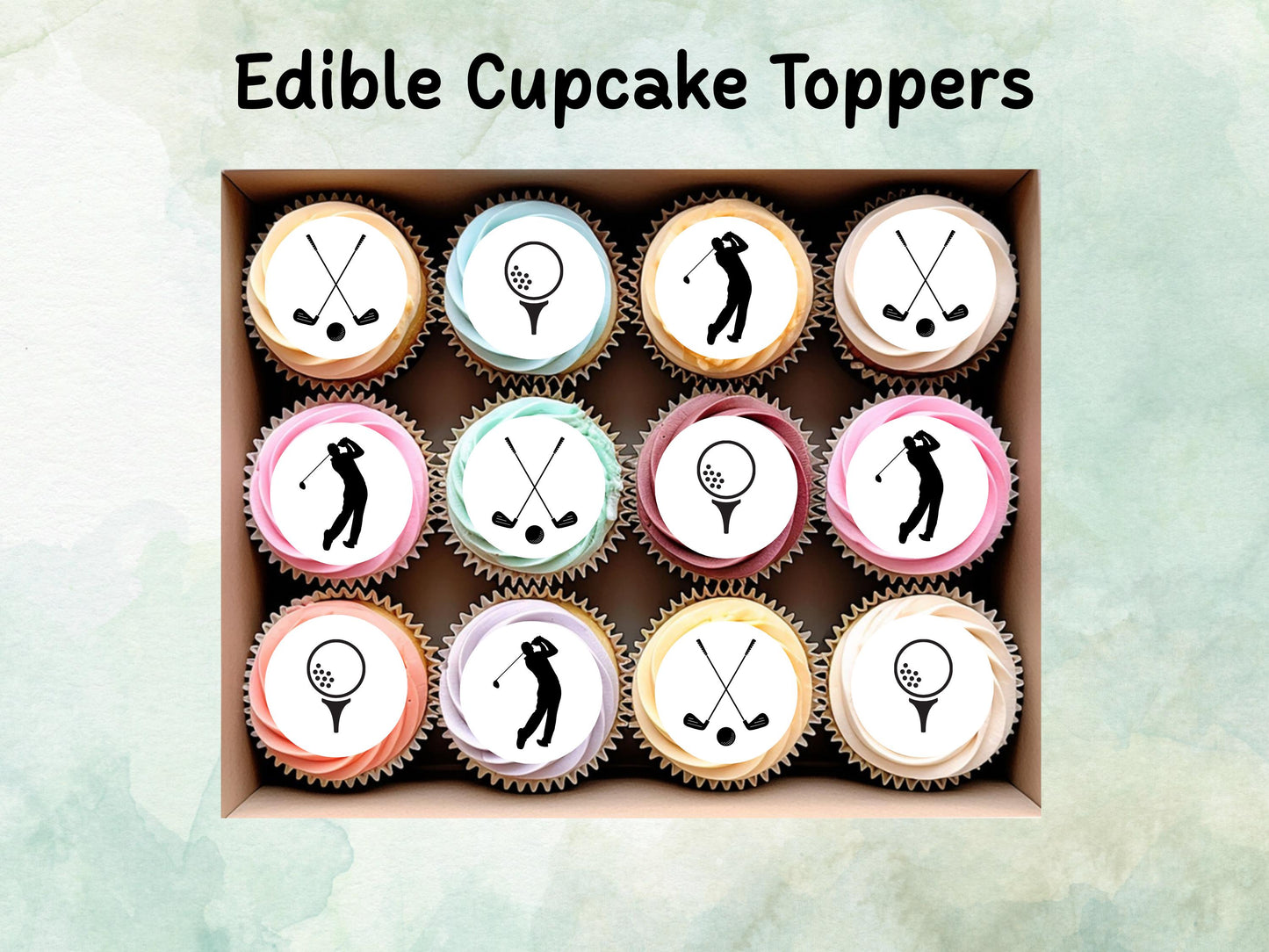 Golf Edible Cupcake Toppers 12 x 2" – Pre cut Wafer Paper, Card or Icing Sheet, Sports Party Decoration, Cake images