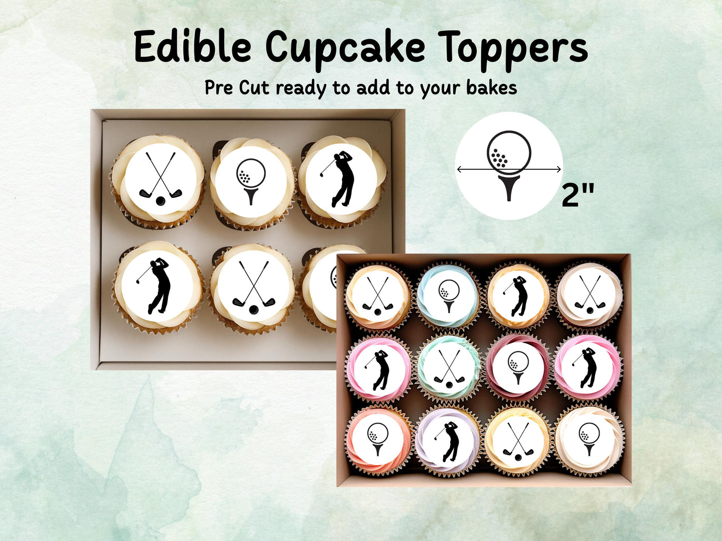Golf Edible Cupcake Toppers 12 x 2" – Pre cut Wafer Paper, Card or Icing Sheet, Sports Party Decoration, Cake images