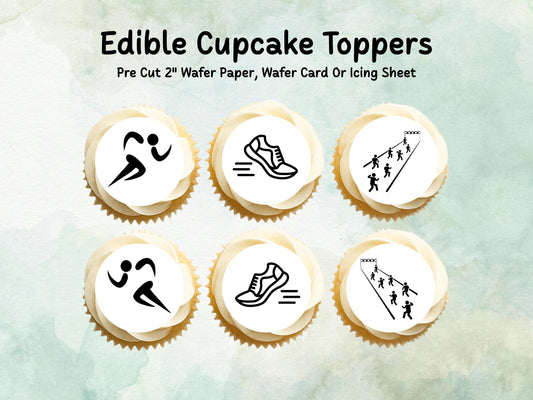 Running Edible Cupcake Toppers 12 x 2" – Pre cut Wafer Paper, Card or Icing Sheet, Marathon Party Decorations, Race Day Cake Image