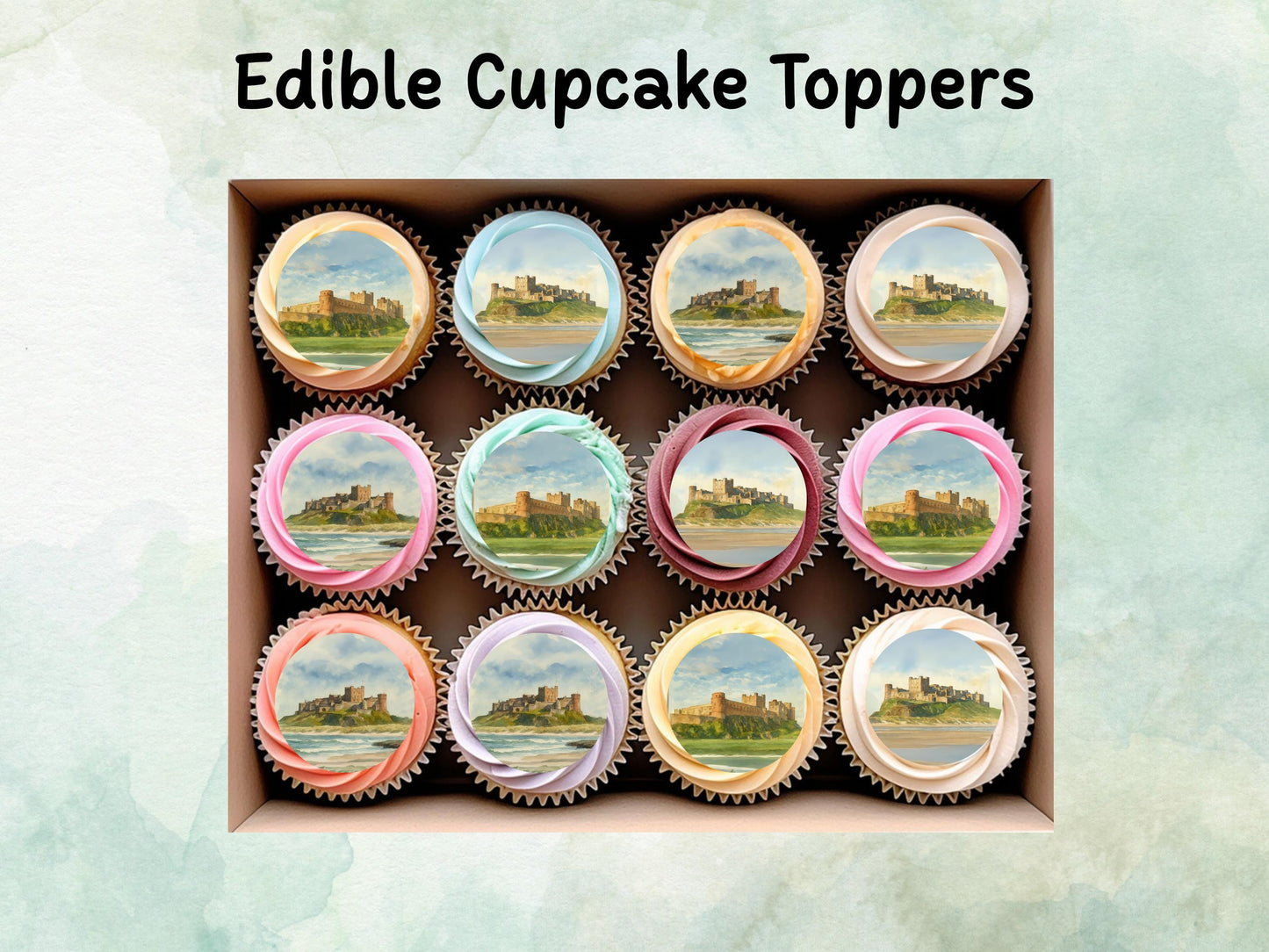 Bamburgh Castle Edible Cupcake Toppers 12 x 2" – Pre cut Wafer Paper, Card or Icing Sheet, Historic Landmark Cake Decor, UK Travel gift