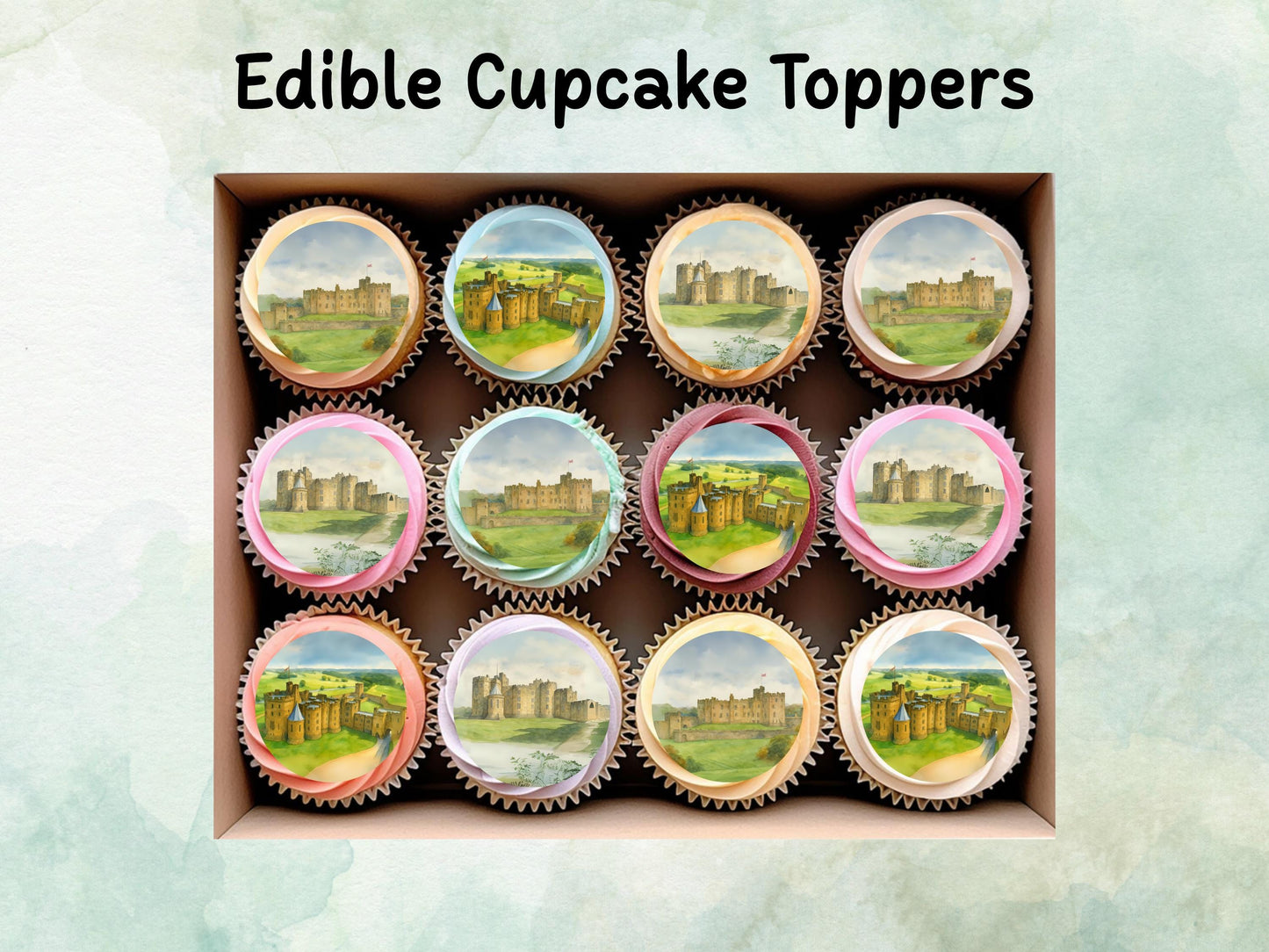 Alnwick Castle Edible Cupcake Toppers 12 x 2" – Pre cut Wafer Paper, Card or Icing Sheet, Historic Northumberland Landmark Cake Decor