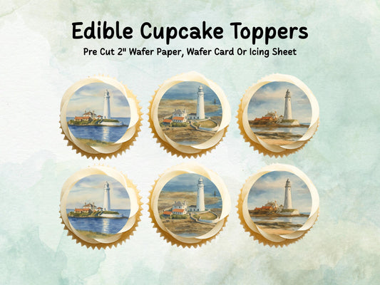 Lighthouse Edible Cupcake Toppers 12 x 2" – Pre cut Wafer Paper, Card or Icing Sheet, Coastal Cake Decorations, Seaside Celebration Favors