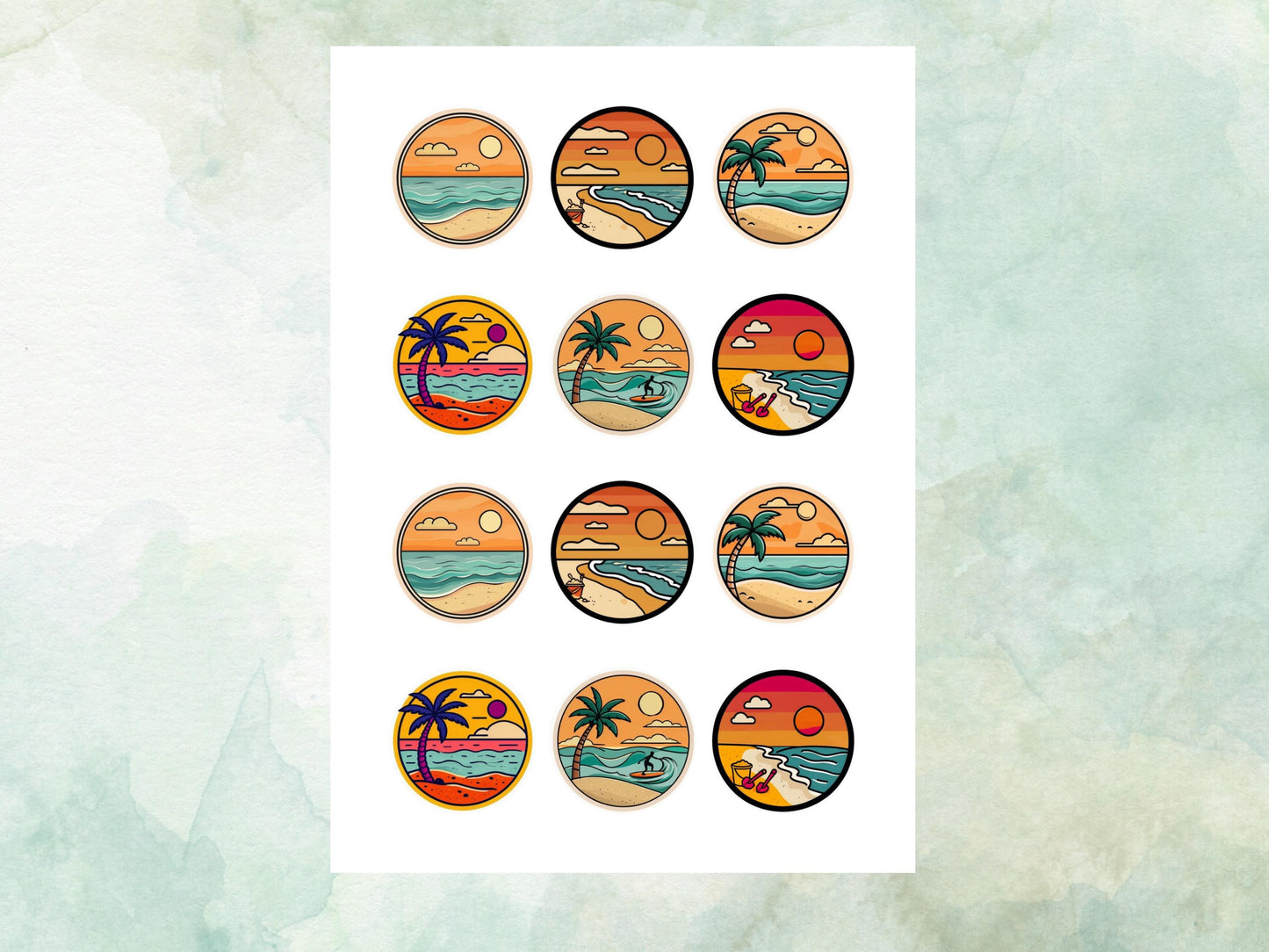 Tropical Beach Edible Cupcake Toppers 12 x 2" – Pre cut Wafer Paper, Card or Icing Sheet, Surf & Sunset Coastal Cake Images