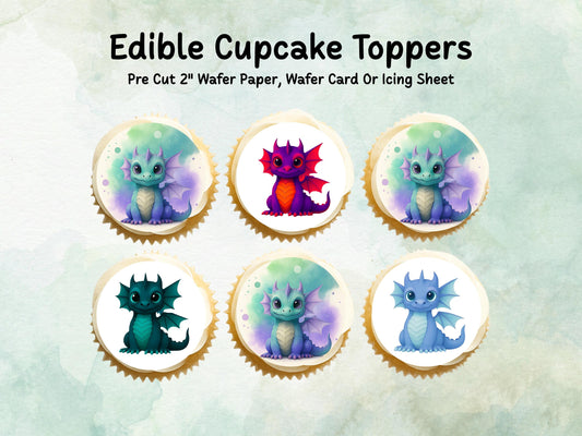 Dragon Edible Cupcake Toppers 12 x 2"– Pre cut Wafer Paper, Card or Icing Sheet, Cupcakes, Cookies, Cake, Birthday, Dragons cute
