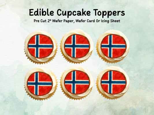 Norwegian Flag Edible Cupcake Toppers 12 x 2" – Pre cut Wafer Paper, Card or Icing Sheet, Italy Cake Decorations