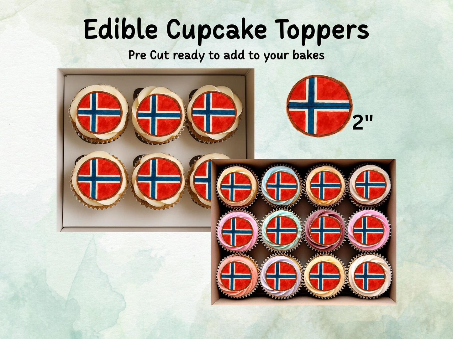 Norwegian Flag Edible Cupcake Toppers 12 x 2" – Pre cut Wafer Paper, Card or Icing Sheet, Italy Cake Decorations