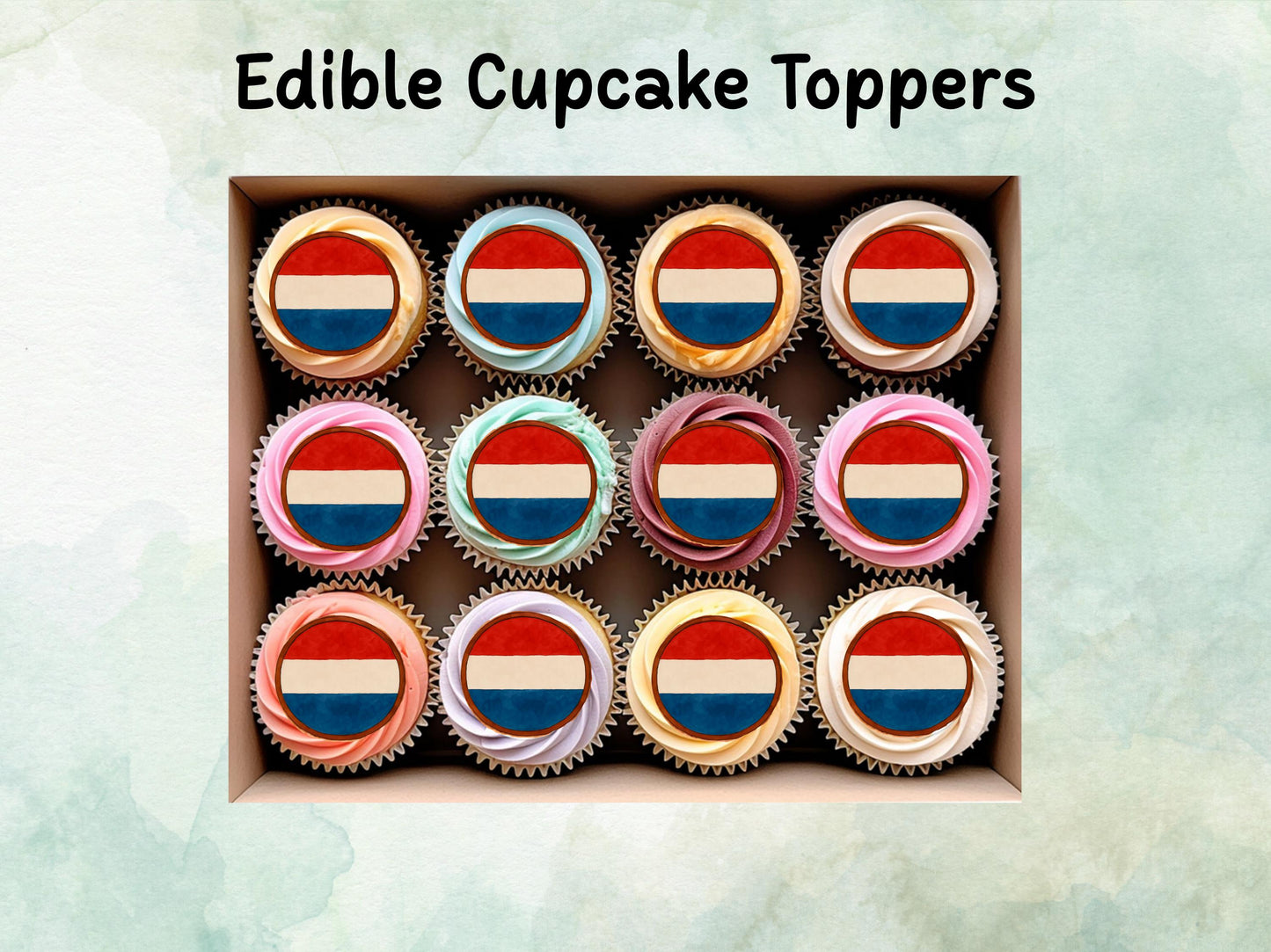 Netherlands Flag Edible Cupcake Toppers 12 x 2" – Pre cut Wafer Paper, Card or Icing Sheet, Dutch Cake Decorations
