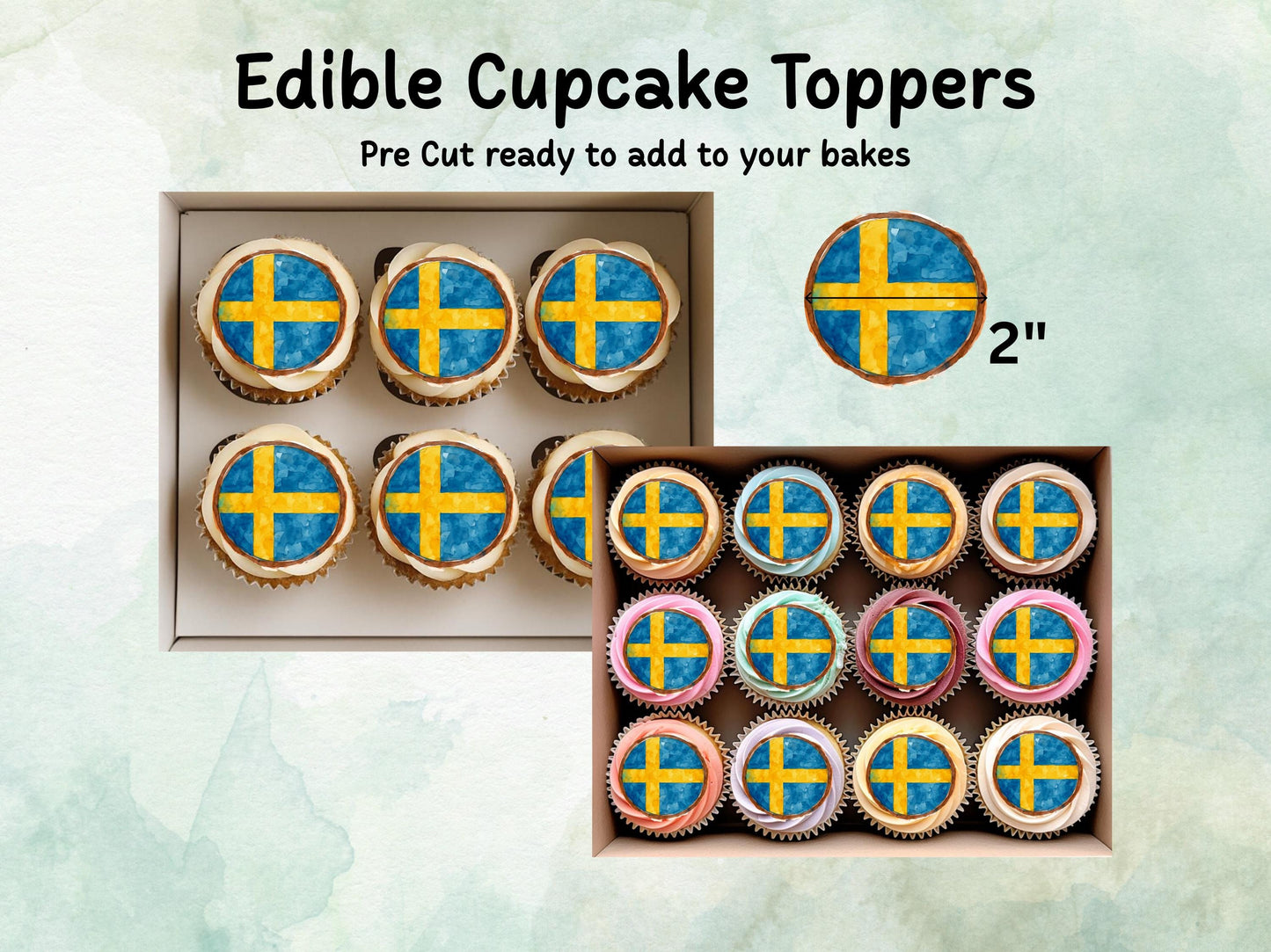 Swedish Flag Edible Cupcake Toppers 12 x 2" – Pre cut Wafer Paper, Card or Icing Sheet, Sweden Cake Decorations