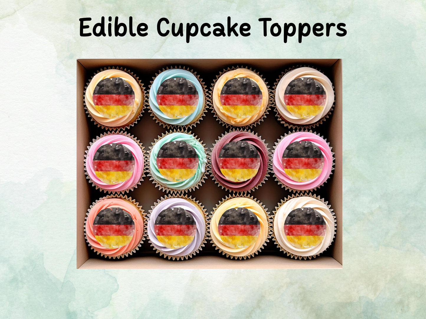 German Flag Edible Cupcake Toppers 12 x 2" – Pre cut Wafer Paper, Card or Icing Sheet, Germany Cake Decorations