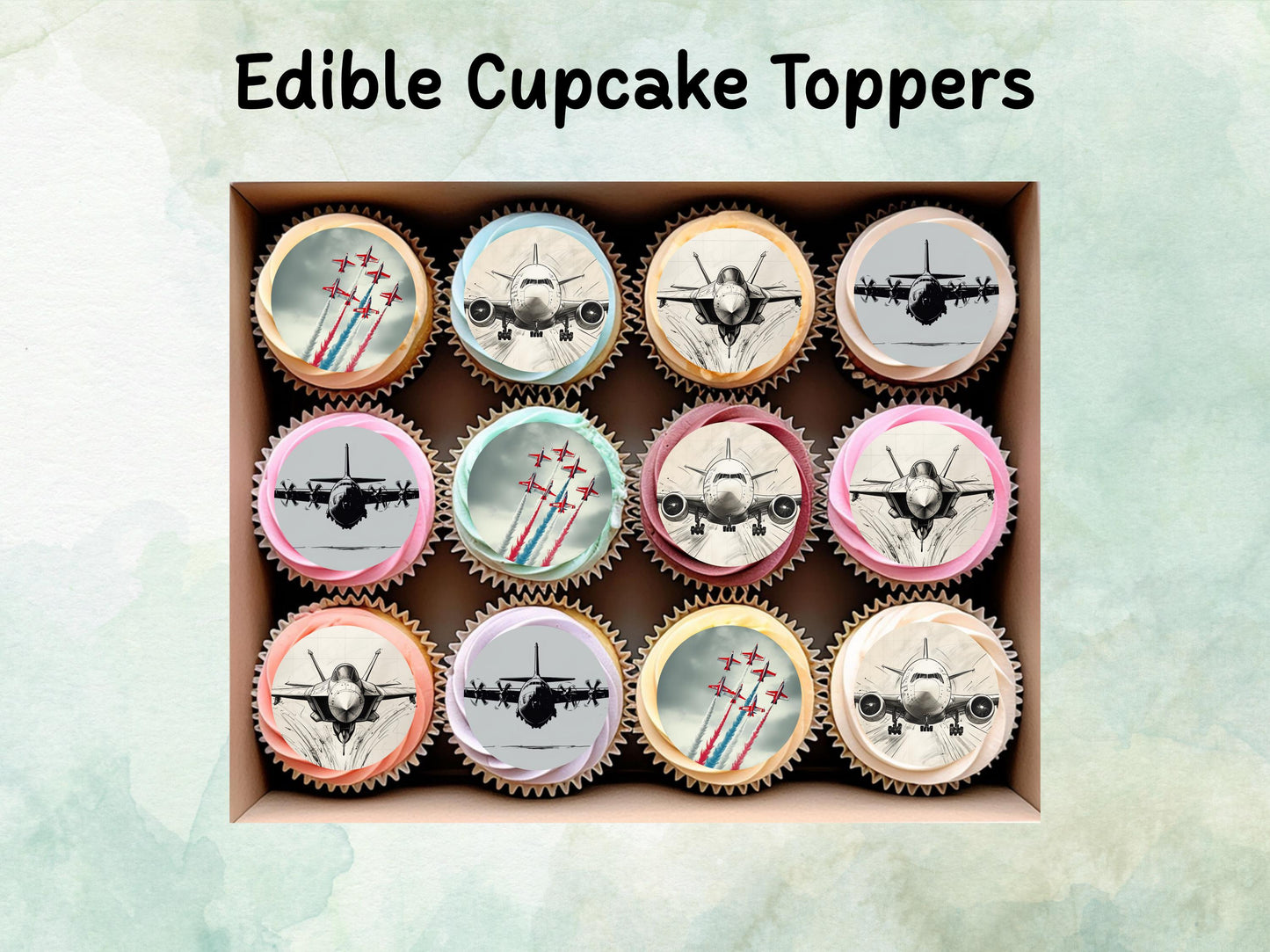 Aeroplane Edible Cupcake Toppers 12 x 2"– Pre cut Wafer Paper, Card or Icing Sheet, Aviation Airplane Cake decorations
