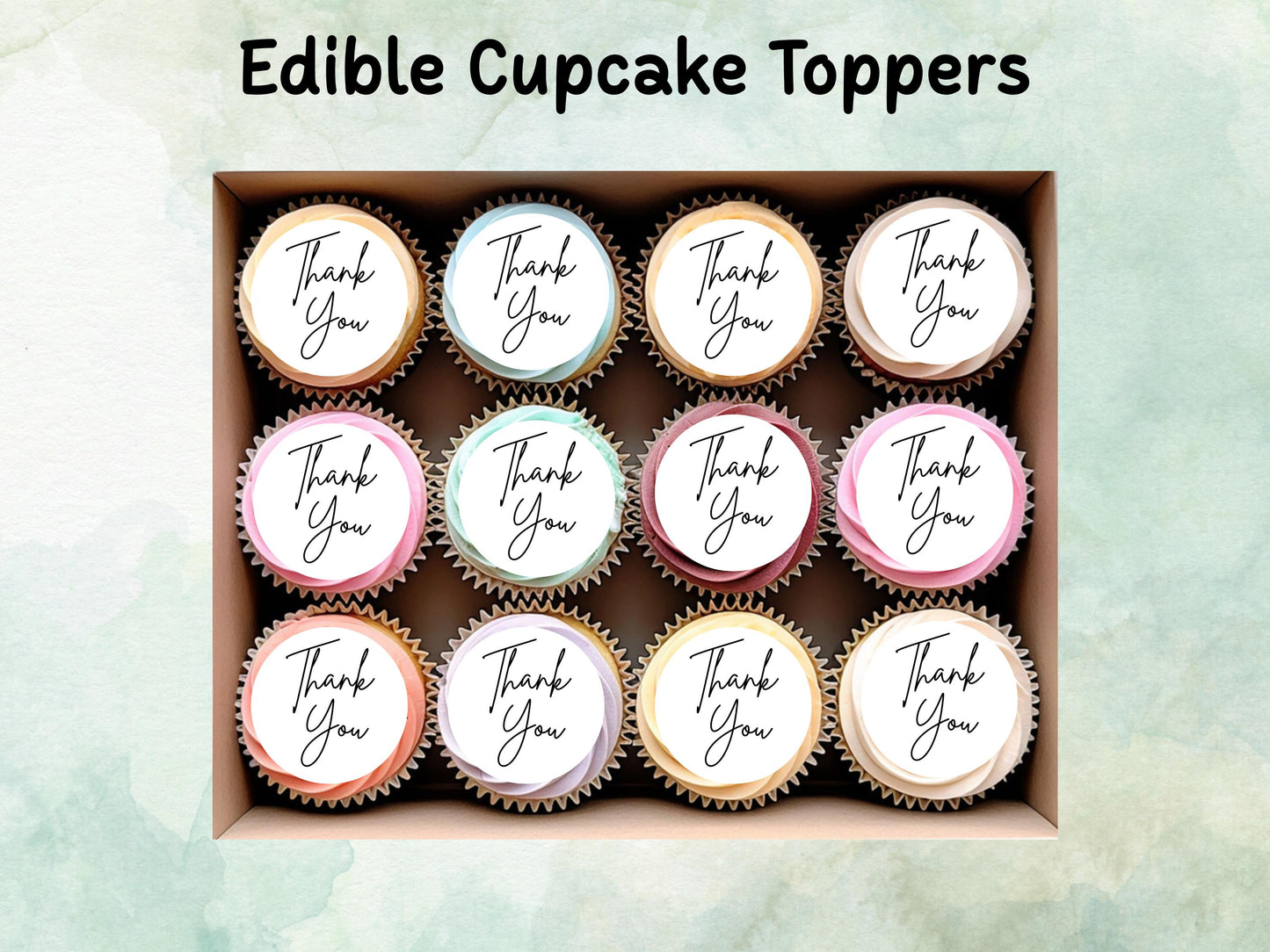 Thank You Edible Cupcake Toppers 12 x 2"– Pre cut Wafer Paper, Card or Icing Sheet, Elegant Thank You Cake Decoration