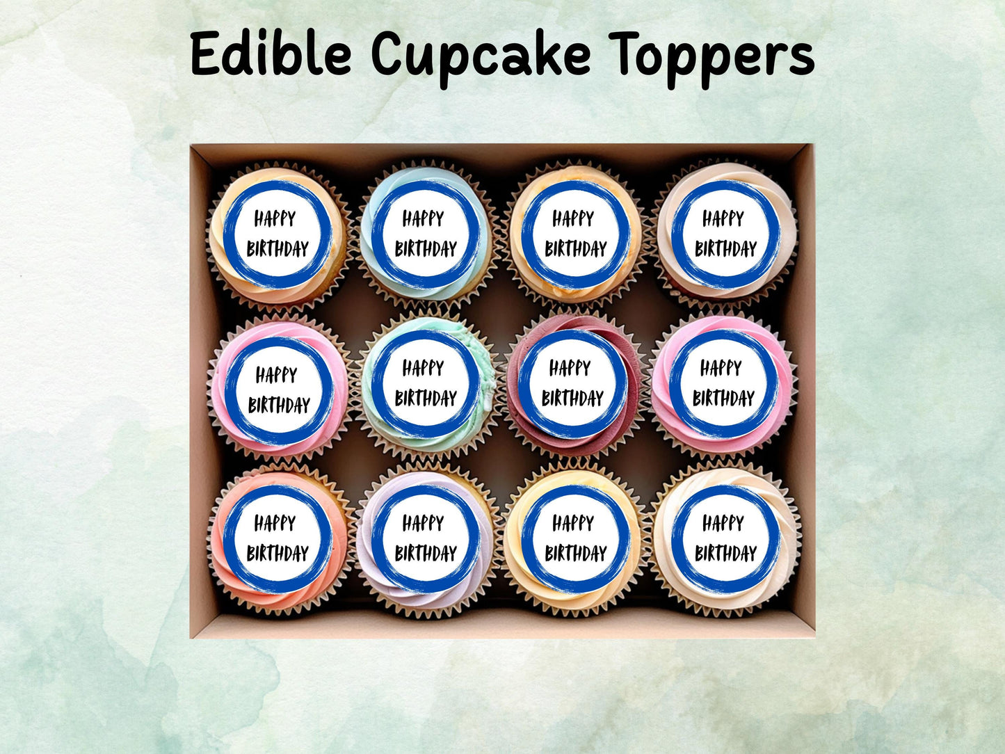 Happy Birthday Edible Cupcake Toppers 12 x 2"– Pre cut Wafer Paper, Card or Icing Sheet, Blue Circle Design Birthday Cake Toppers