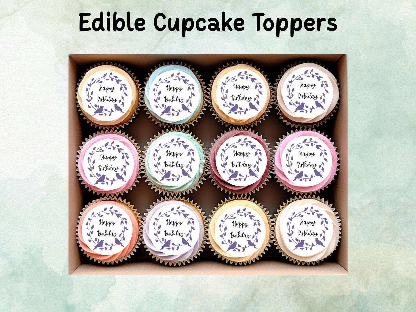 Happy Birthday Edible Cupcake Toppers 12 x 2"– Pre cut Wafer Paper, Card or Icing Sheet, Floral Birthday Cake Toppers