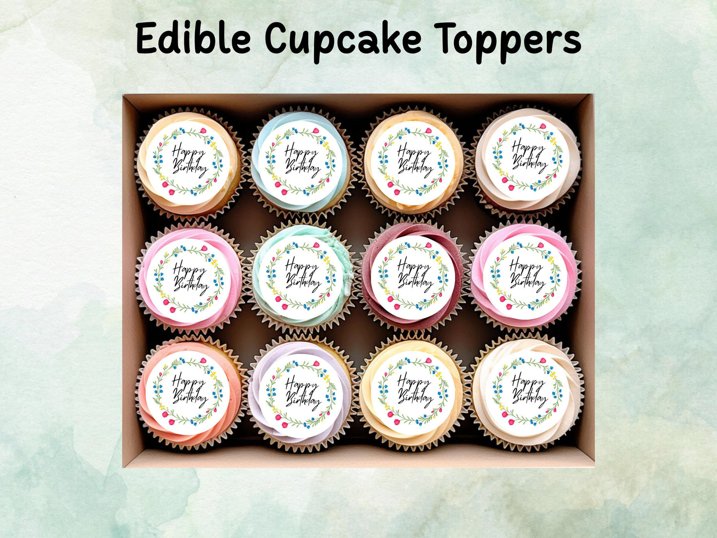 Happy Birthday Edible Cupcake Toppers 12 x 2"– Pre cut Wafer Paper, Card or Icing Sheet, Floral Birthday Cake Toppers
