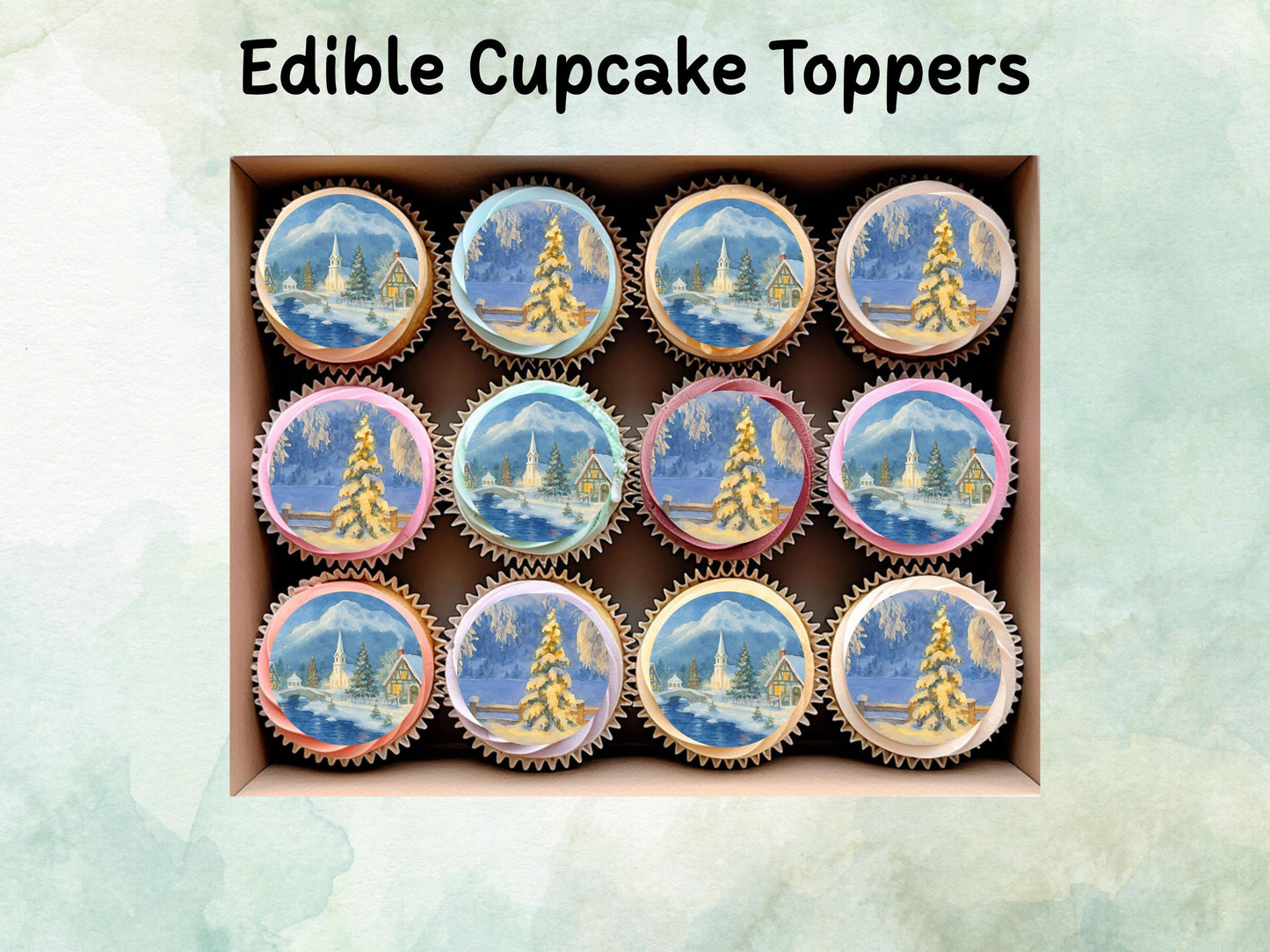 Vintage Christmas Village Edible Cupcake Toppers 12 x 2" – Pre cut Wafer Paper, Card or Icing Sheet, Festive Merry Christmas Snowy Scene