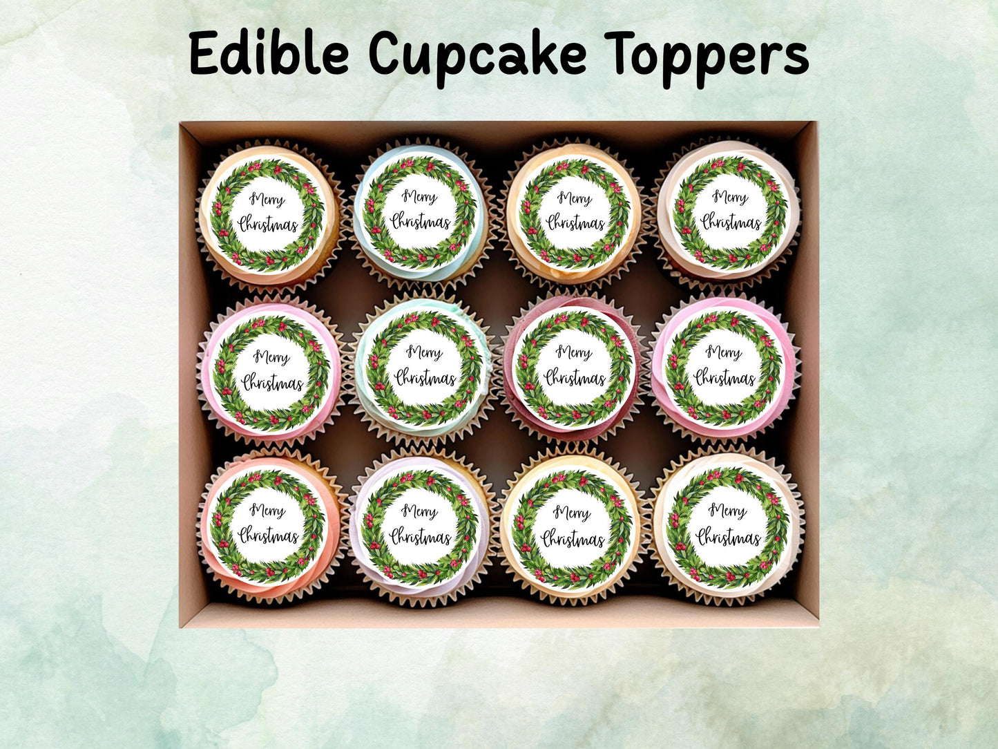Christmas Edible Cupcake Toppers 12 x 2" – Pre cut Wafer Paper, Card or Icing Sheet, Merry Christmas Holly Wreath Festive Cupcakes