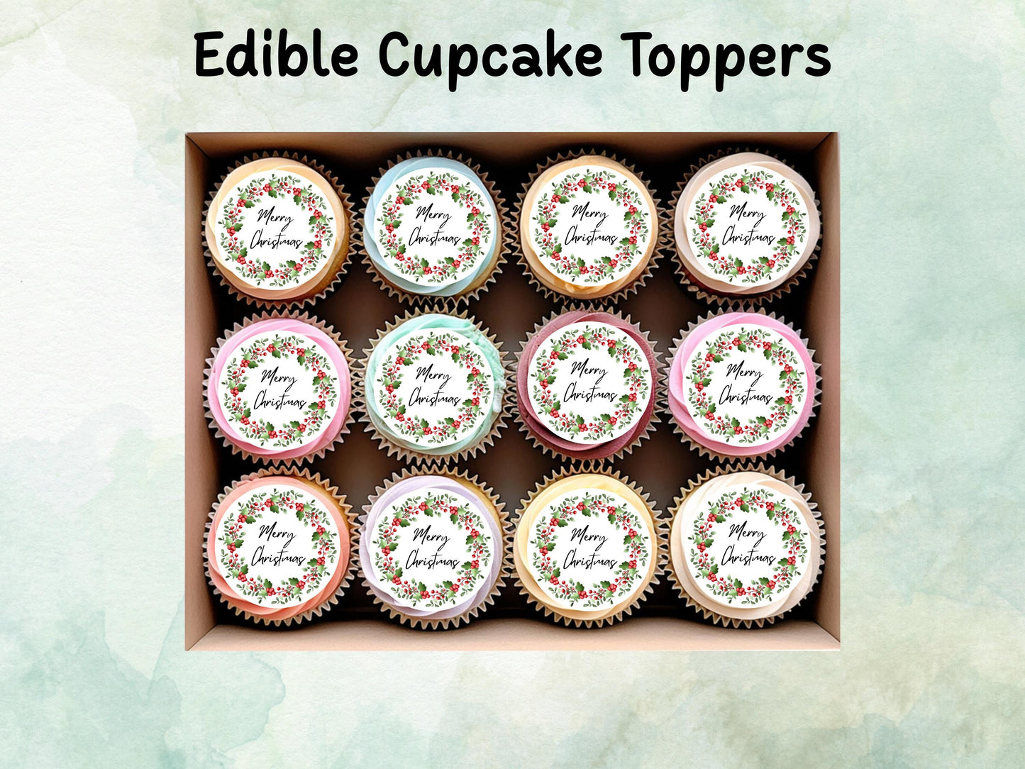 Christmas Edible Cupcake Toppers 12 x 2" – Pre cut Wafer Paper, Card or Icing Sheet, Merry Christmas Holly Wreath Festive Cupcakes