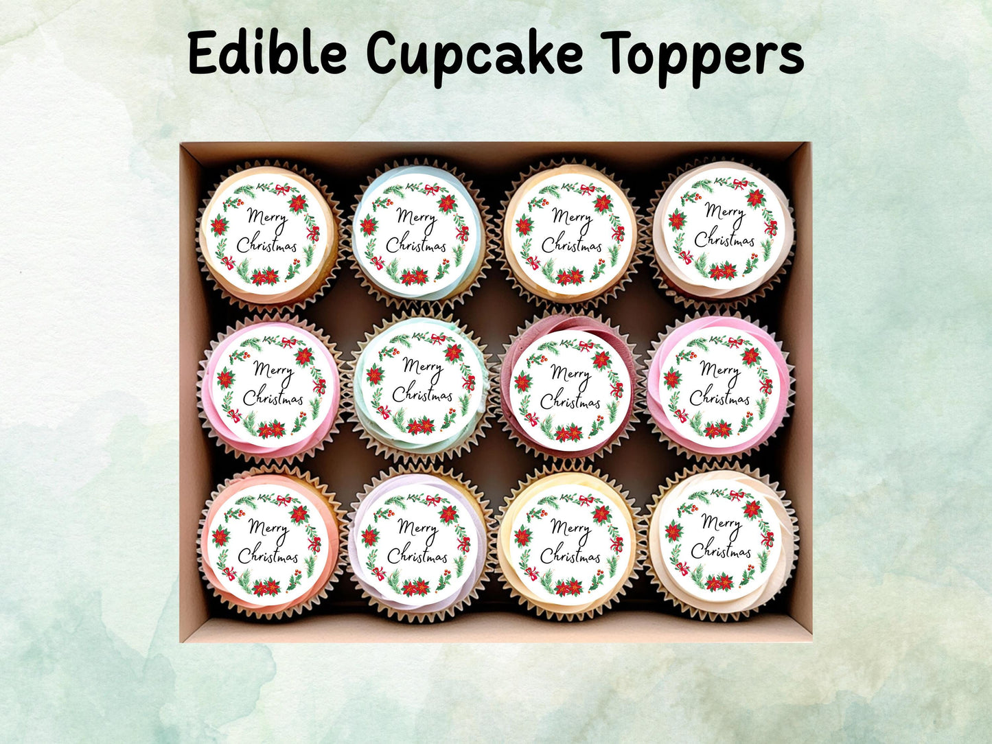Christmas Edible Cupcake Toppers 12 x 2" – Pre cut Wafer Paper, Card or Icing Sheet, Merry Christmas Festive Cakes, Cookies