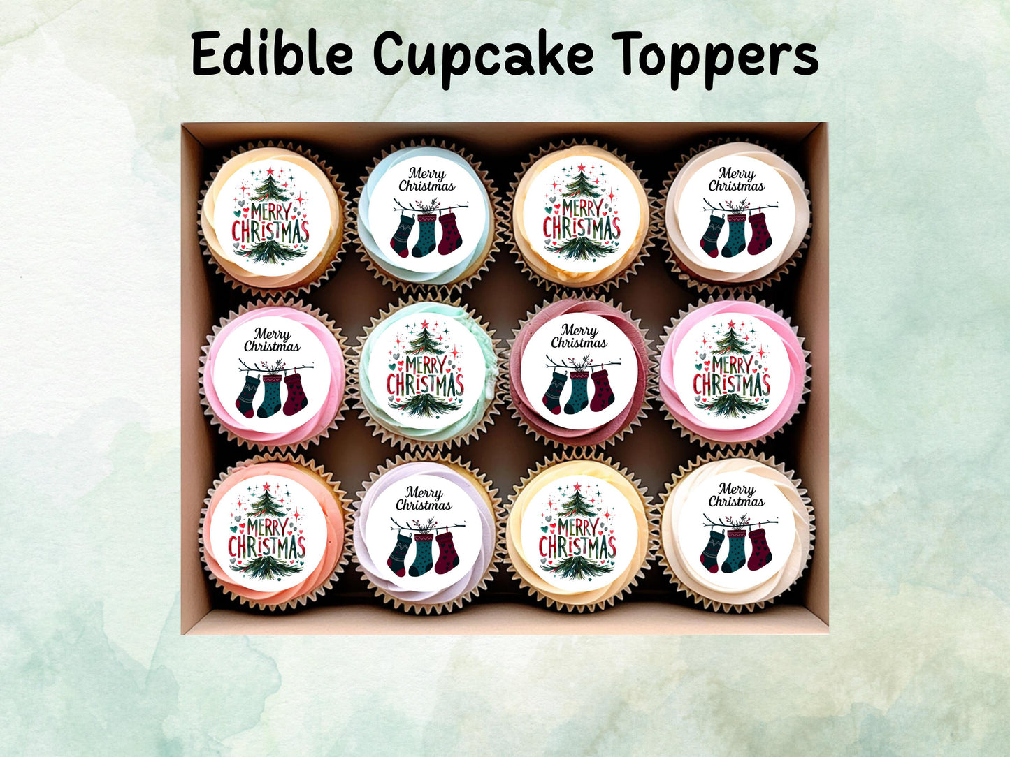 Christmas Edible Cupcake Toppers 12 x 2" – Pre cut Wafer Paper, Card or Icing Sheet, Merry Christmas Tree & Stocking Festive Cupcakes