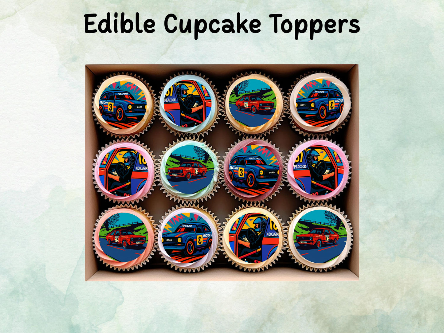 Vintage Rally Car Edible Cupcake Toppers 12 x 2" – Pre cut Wafer Paper, Card or Icing Sheet, Motorsport Birthday Party Decor