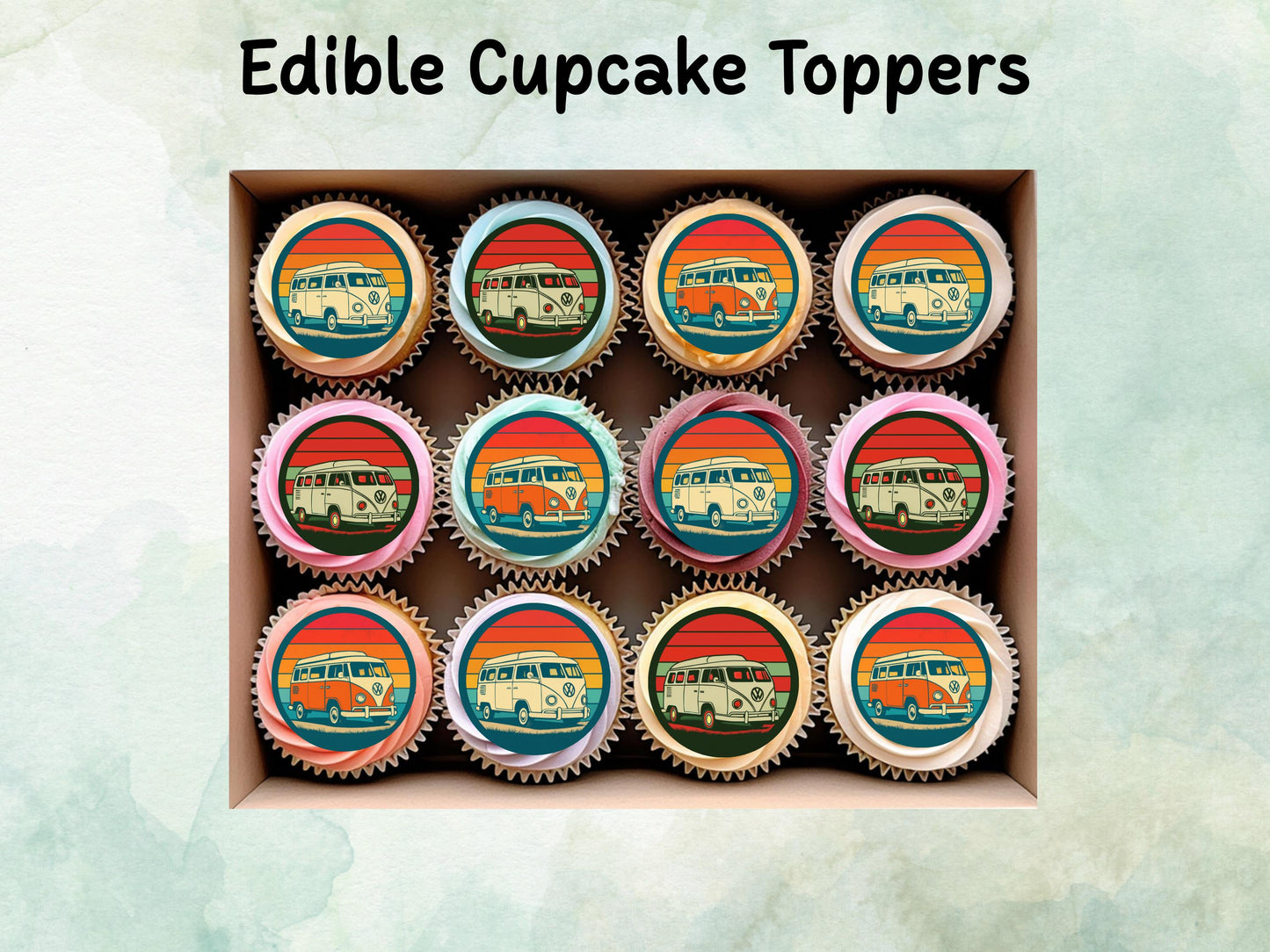 Campervan Edible Cupcake Toppers 12 x 2"– Pre cut Wafer Paper, Card or Icing Sheet, Campervan Cake Decoration