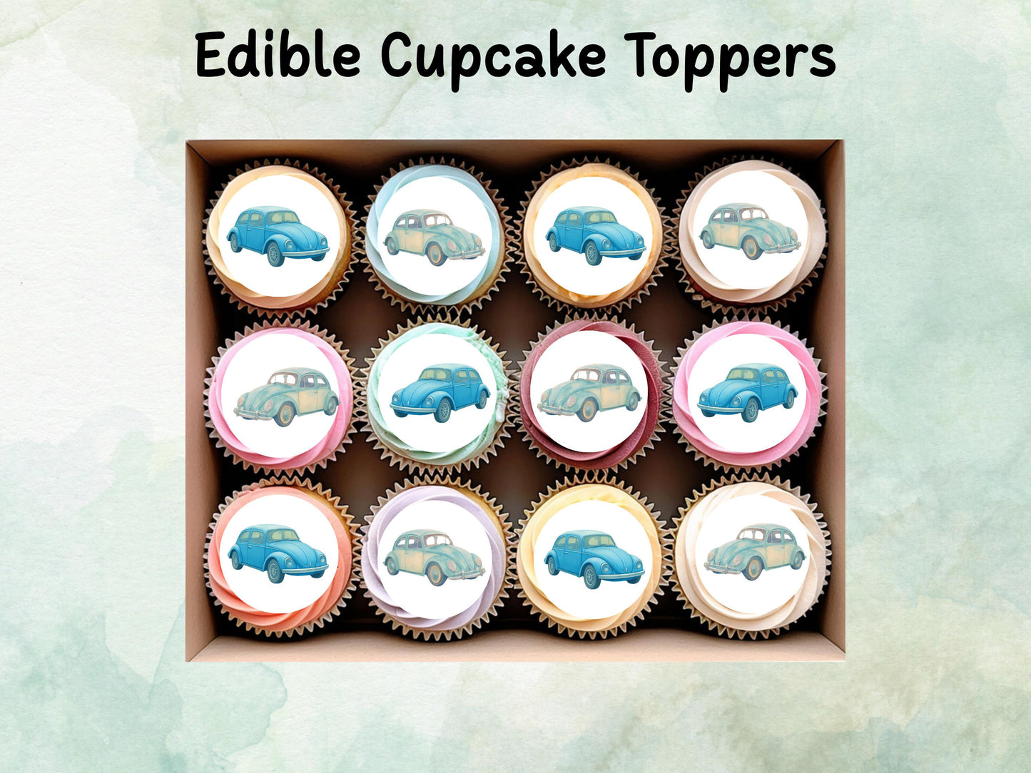 VW Beetle Edible Cupcake Toppers 12 x 2"– Pre cut Wafer Paper, Card or Icing Sheet, Classic Car Party Cake Decorations