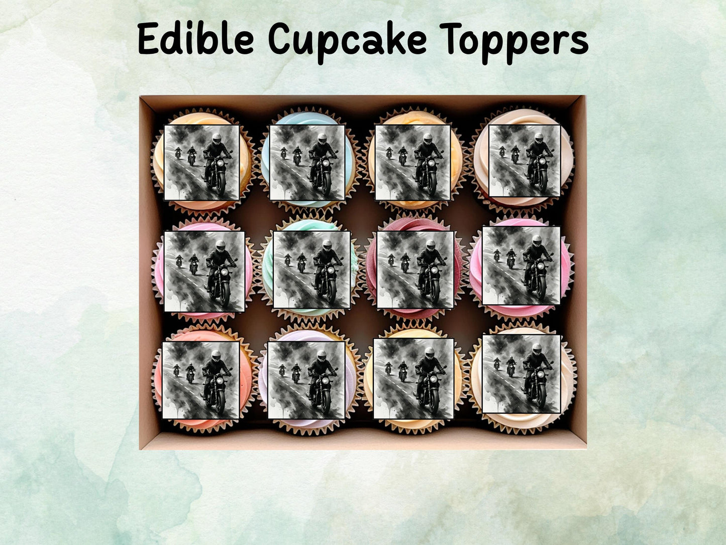 Motorbike Edible Cupcake Toppers 12 x 2" – Pre cut Wafer Paper, Card or Icing Sheet, Biker Party Cake Decoration, Motorcycle Birthday Topper