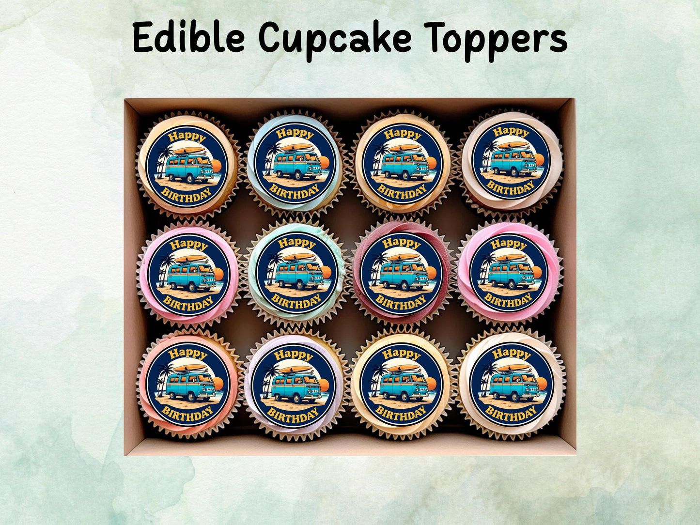 Campervan Edible Cupcake Toppers 12 x 2"– Pre cut Wafer Paper, Card or Icing Sheet, VW Campervan Cake Decoration