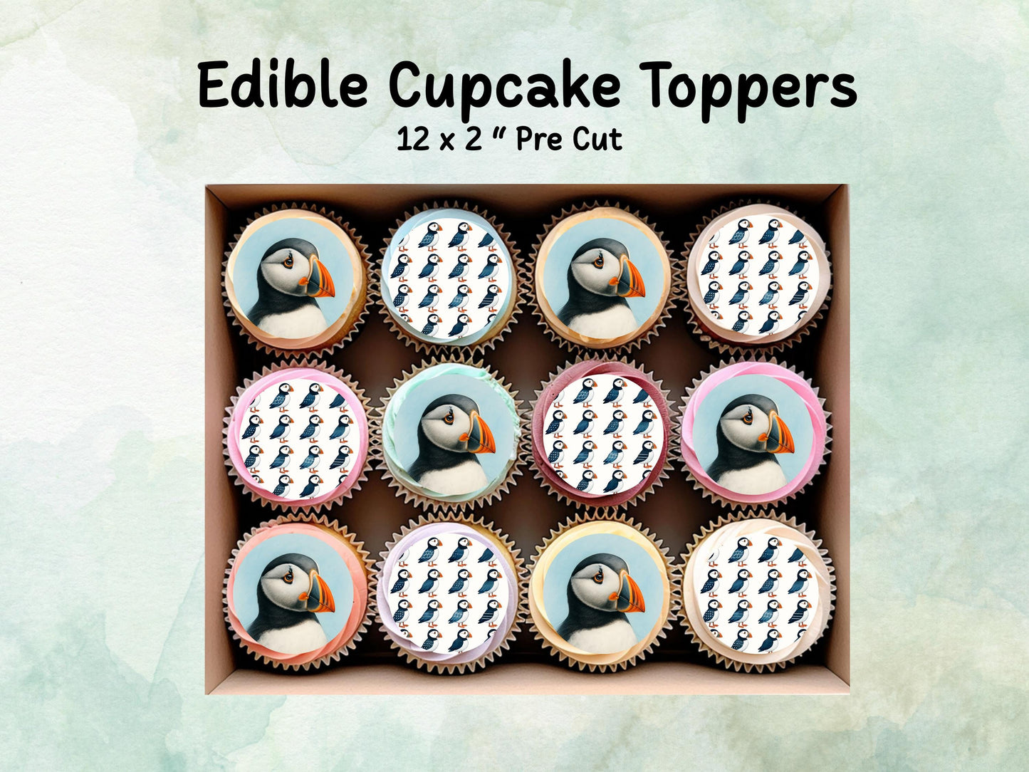 Puffin Edible Cupcake Toppers 12 x 2"– Pre cut Wafer Paper, Card or Icing Sheet, Puffin Cake Decoration, Seaside Toppers