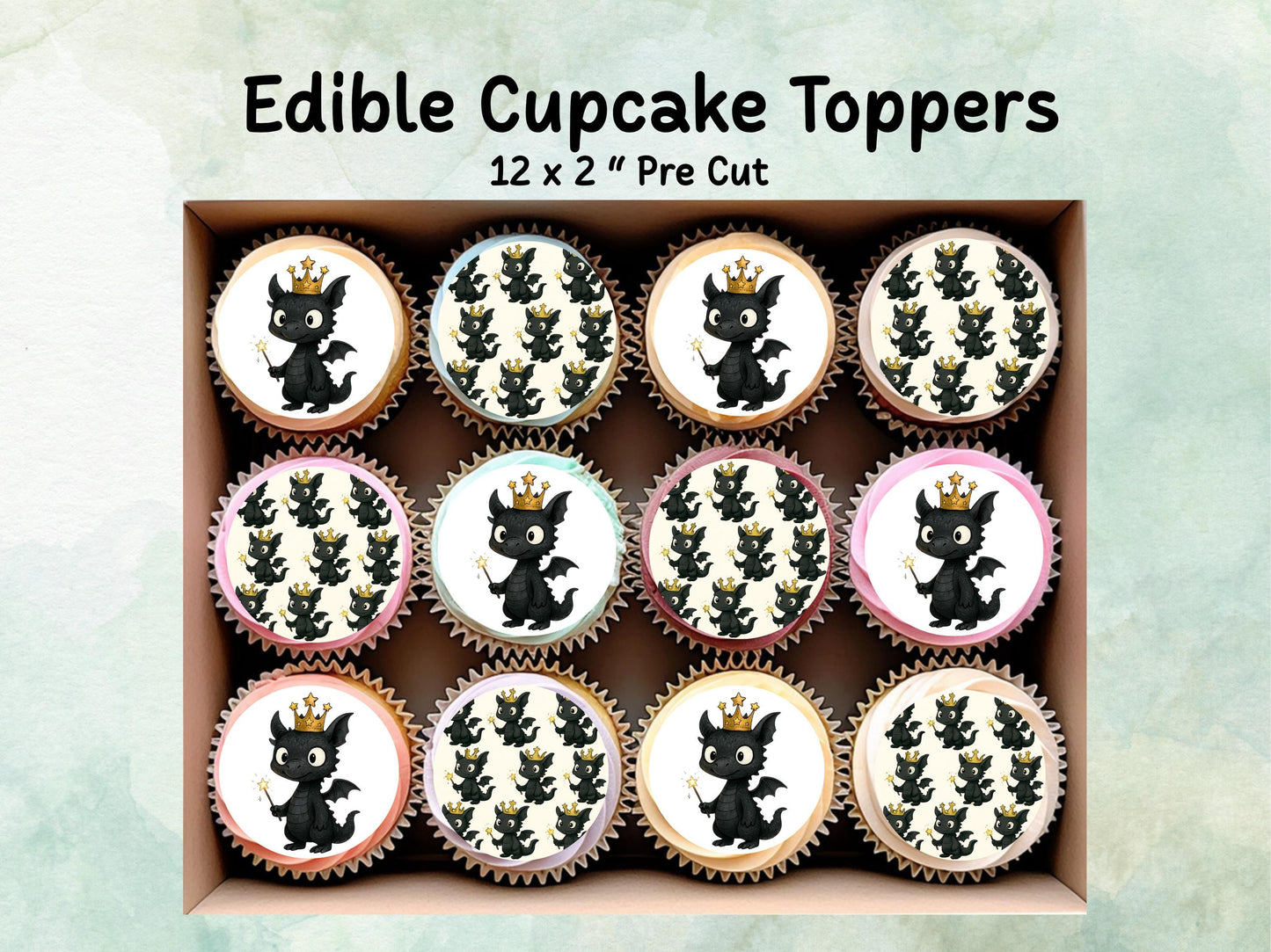 Dragon Edible Cupcake Toppers 12 x 2"– Pre cut Wafer Paper, Card or Icing Sheet, Cute Dragon Cake Decoration