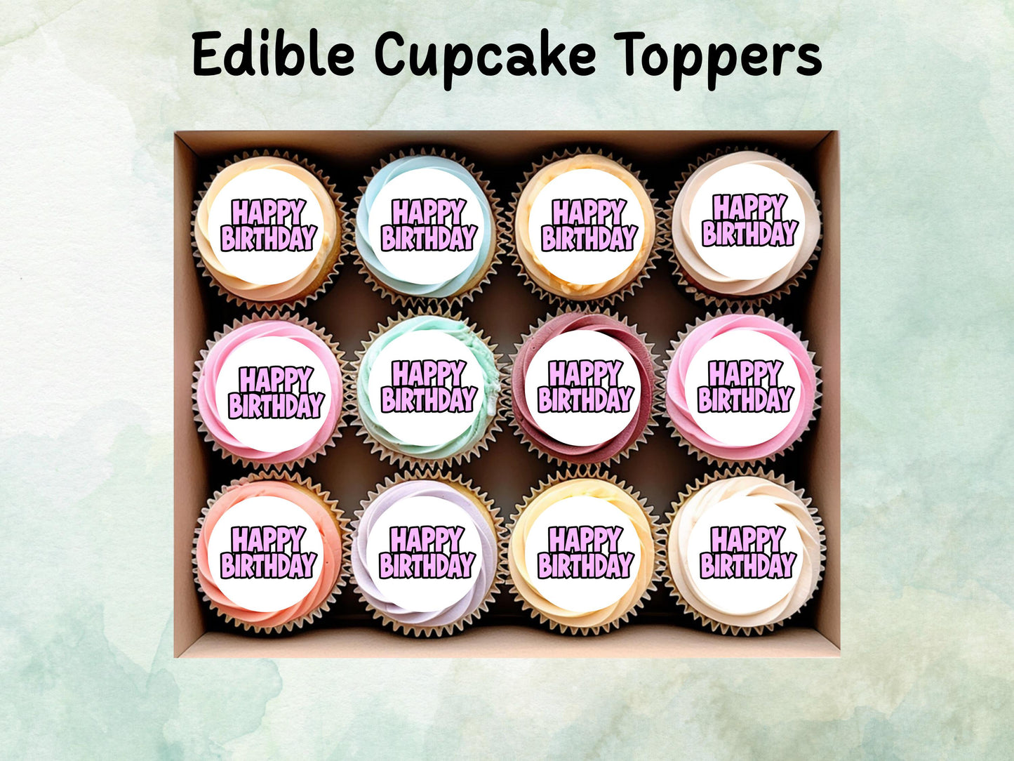 Happy Birthday Edible Cupcake Toppers 12 x 2"– Pre cut Wafer Paper, Card or Icing Sheet, Bold Pink Lettering Birthday Cupcake