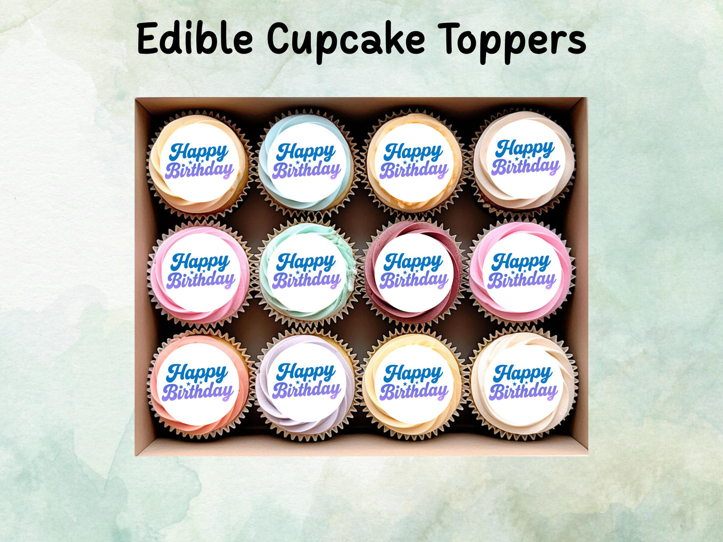 Happy Birthday Edible Cupcake Toppers 12 x 2"– Pre cut Wafer Paper, Card or Icing Sheet, Cupcakes, Cookies, Cake Decoration