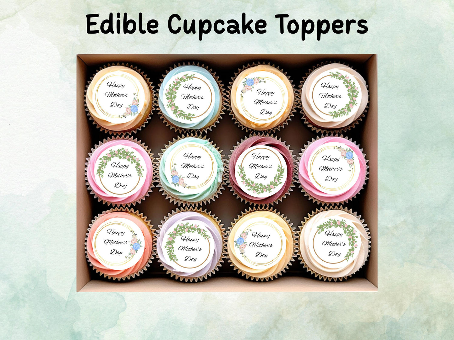 Happy Mother's Day Edible Cupcake Toppers 12 x 2" – Pre cut Wafer Paper, Card or Icing Sheet, Mothers Day Cake Decoration