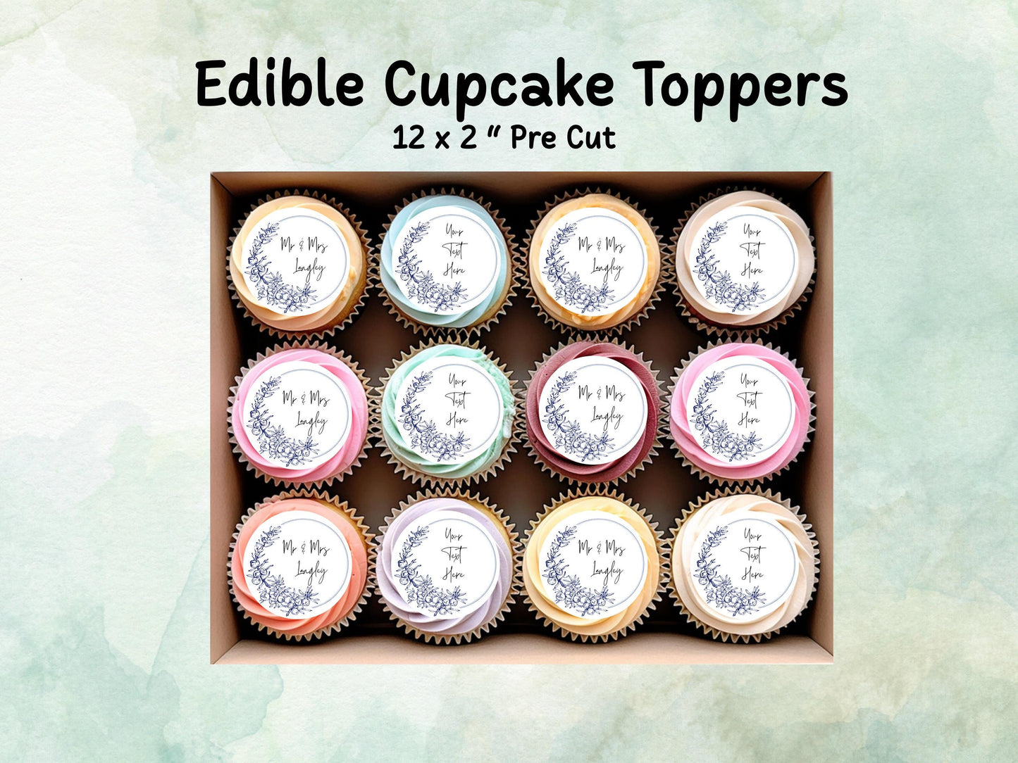 Personalised Edible Cupcake Toppers 12 x 2" – Pre cut Wafer Paper, Card or Icing Sheet, Wedding Cake Topper, Wedding Favors