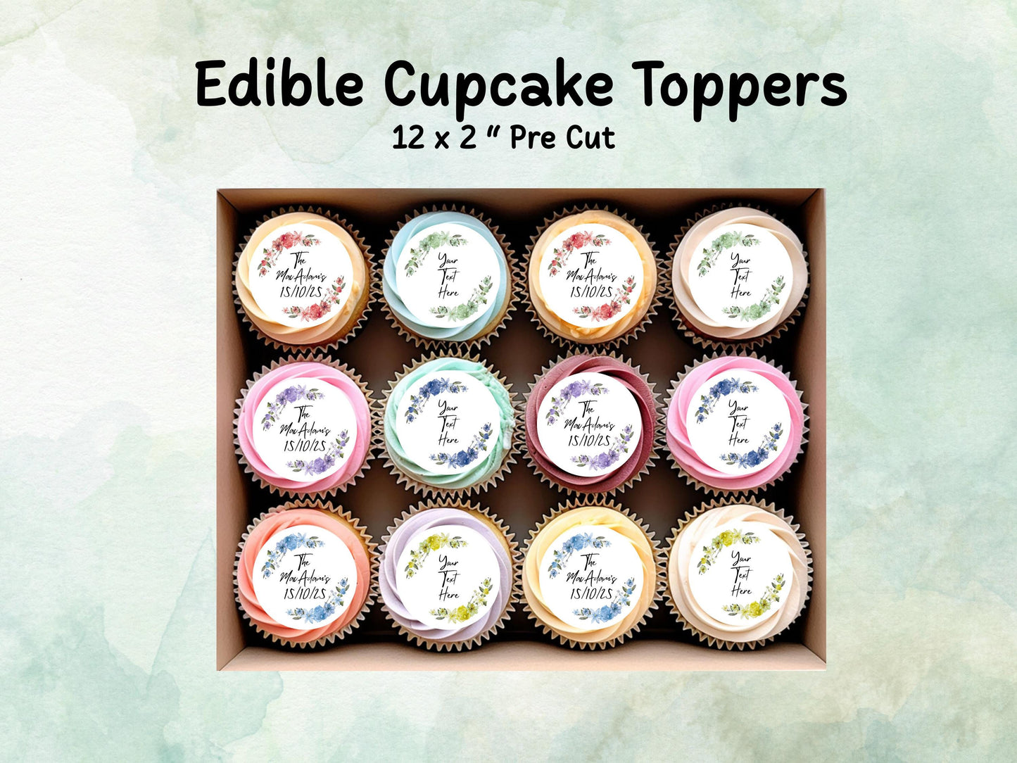 Personalised Floral Edible Cupcake Toppers 12 x 2" – Pre cut Wafer Paper, Card or Icing Sheet, Wedding Favors, Birthday Cake Topper