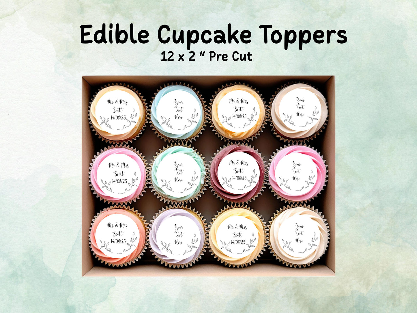 Personalised Edible Cupcake Toppers 12 x 2" – Pre cut Wafer Paper, Card or Icing Sheet, Wedding Cake Topper, Wedding Favors