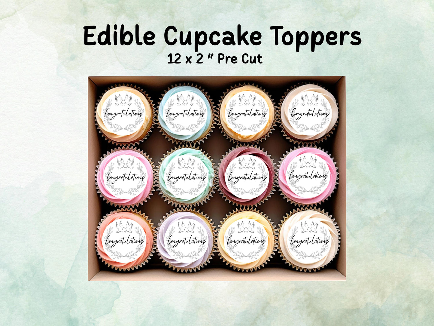 Congratulations Edible Cupcake Toppers 12 x 2" – Pre cut Wafer Paper, Card or Icing Sheet, Engagement Cake Topper, Well Done Cake Topper