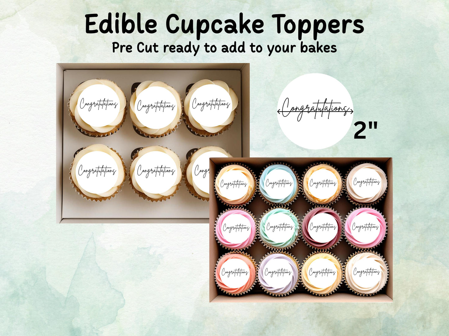 Congratulations Edible Cupcake Toppers 12 x 2" – Pre cut Wafer Paper, Card or Icing Sheet, Engagement Cake Topper, Well Done Cake Topper