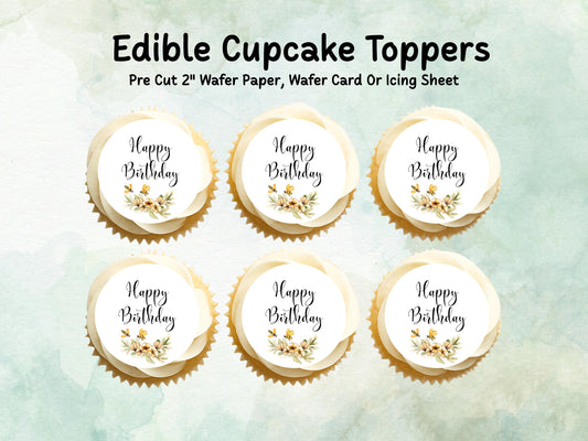 Happy Birthday Edible Cupcake Toppers 12 x 2"– Pre cut Wafer Paper, Card or Icing Sheet, Floral Birthday Cake Toppers