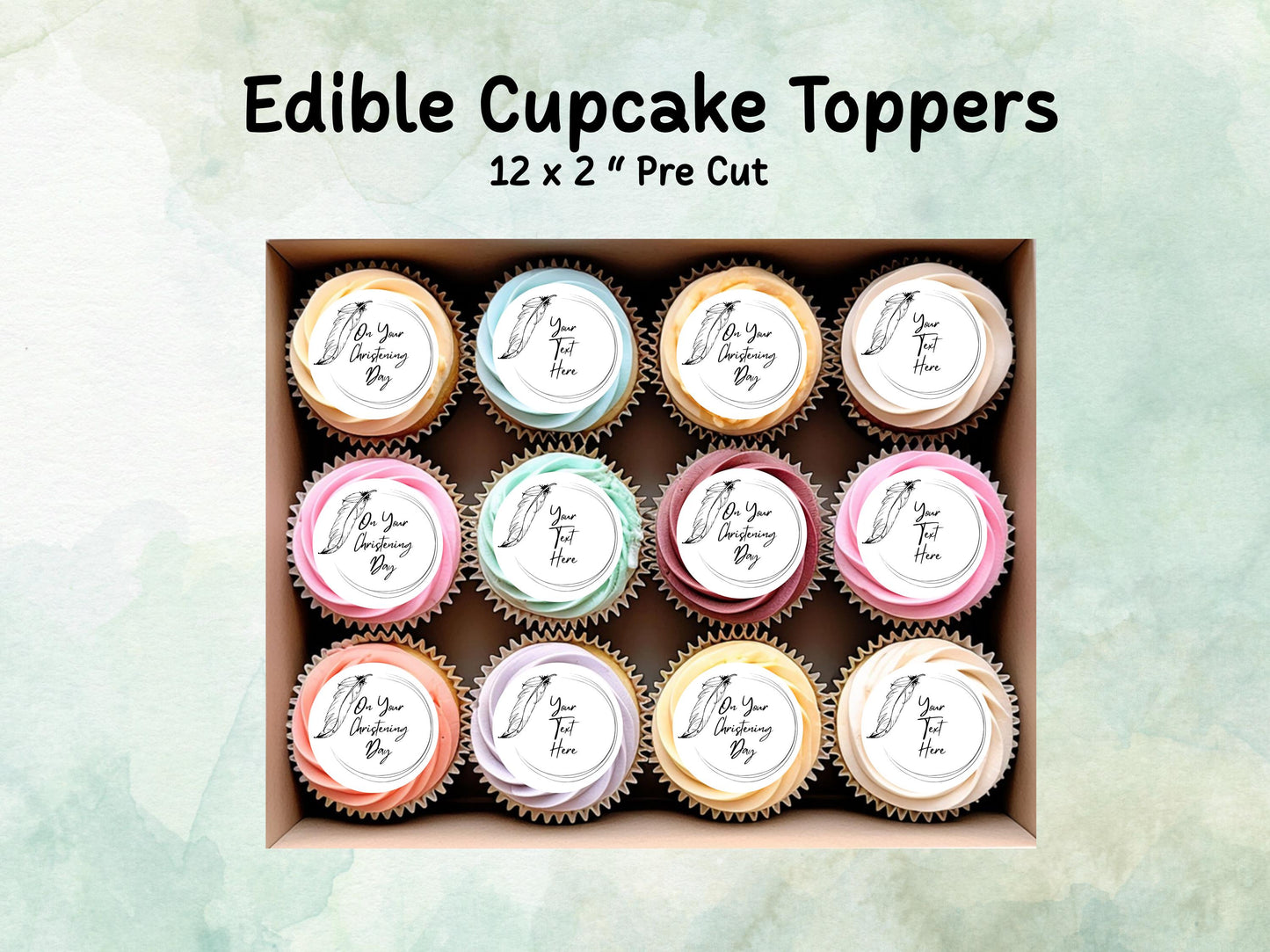 Personalised Edible Cupcake Toppers 12 x 2" – Pre cut Wafer Paper, Card or Icing Sheet, Christening Cake Topper, Baptism Cake Topper