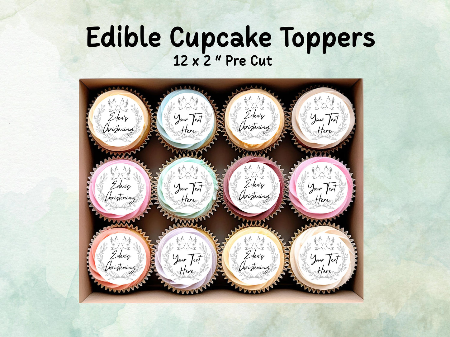 Personalised Edible Cupcake Toppers 12 x 2" – Pre cut Wafer Paper, Card or Icing Sheet, Christening Cake Topper, Baptism Cake Topper