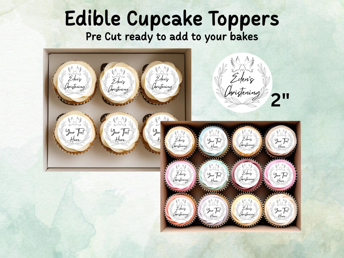 Personalised Edible Cupcake Toppers 12 x 2" – Pre cut Wafer Paper, Card or Icing Sheet, Christening Cake Topper, Baptism Cake Topper