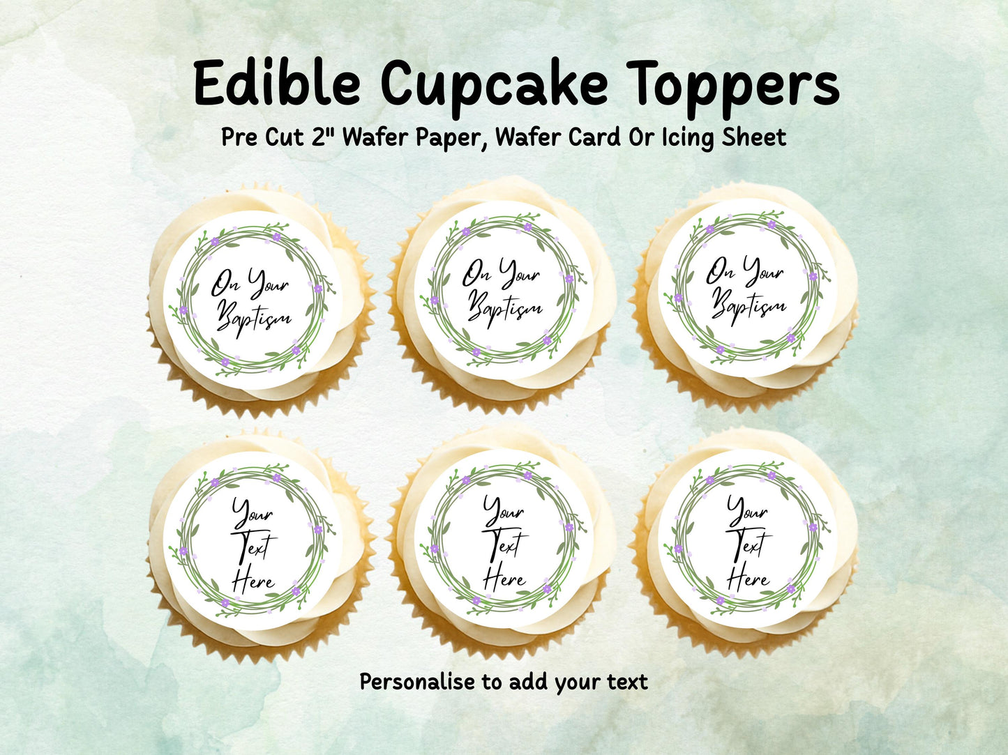 Personalised Edible Cupcake Toppers 12 x 2" – Pre cut Wafer Paper, Card or Icing Sheet, Christening Cake Topper, Baptism Cake Topper